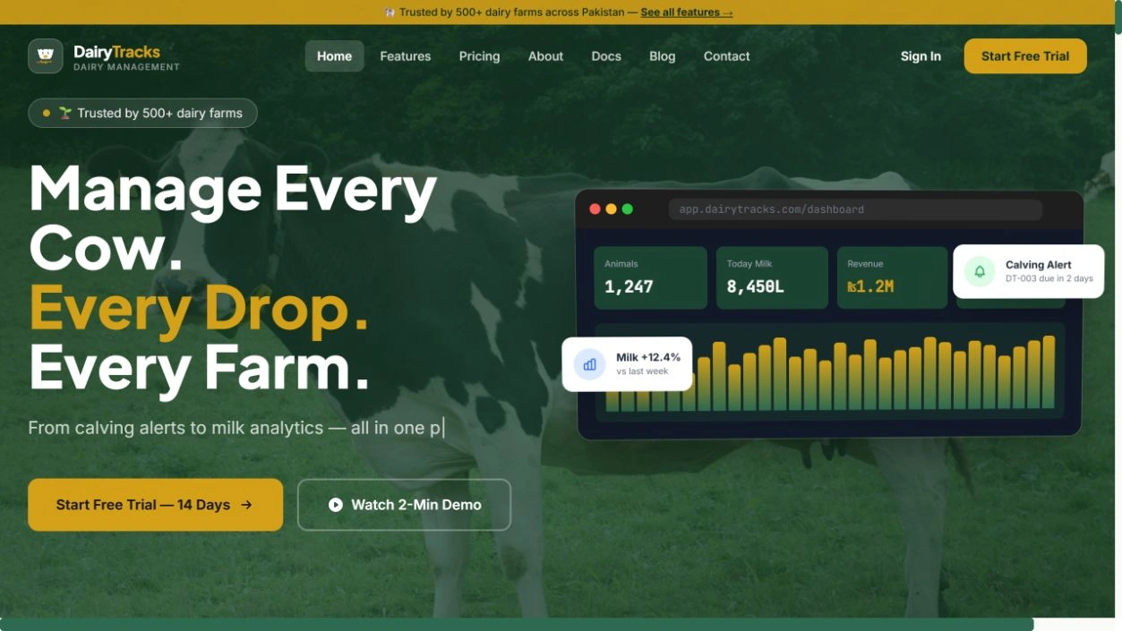 DairyTracks public website screenshot